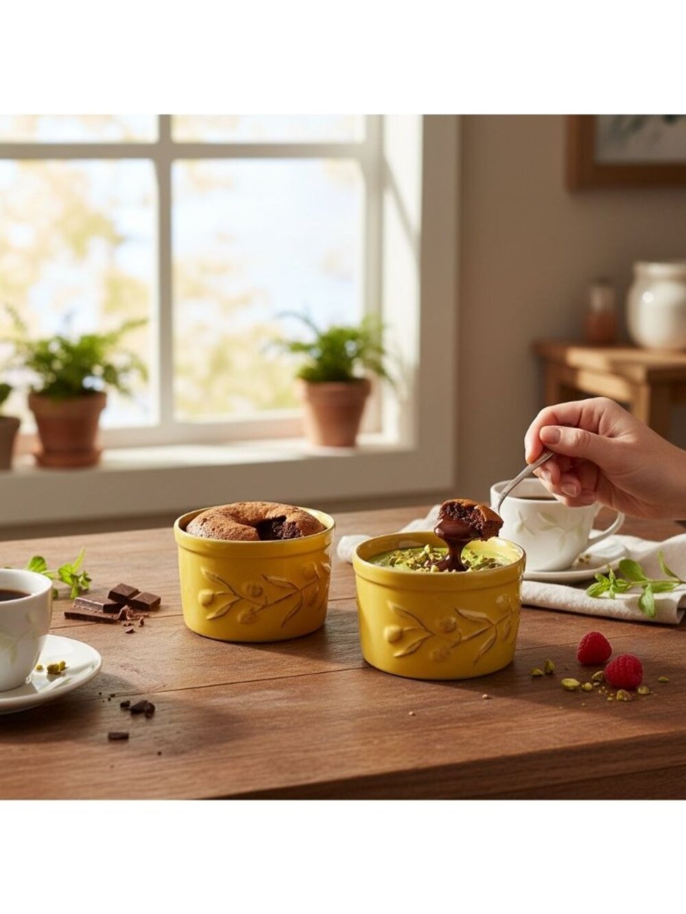 Set Of 2 Mustard Yellow Ceramic Embossed Ramekins By Cerutil Stoneware